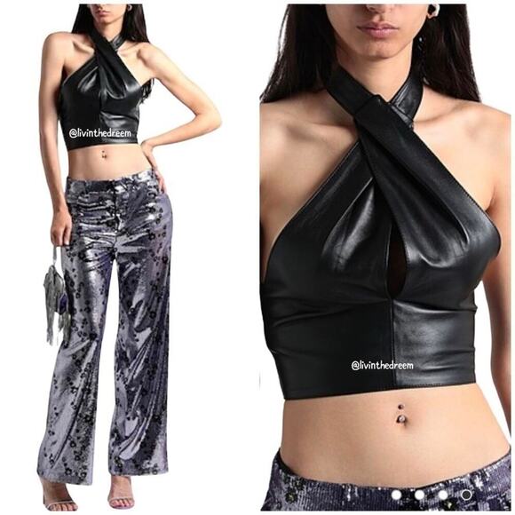 #T188 STAUD Kai Cropped Vegan Leather Halterneck Top Black SIZE 6 NWT $198 - Picture 4 of 16